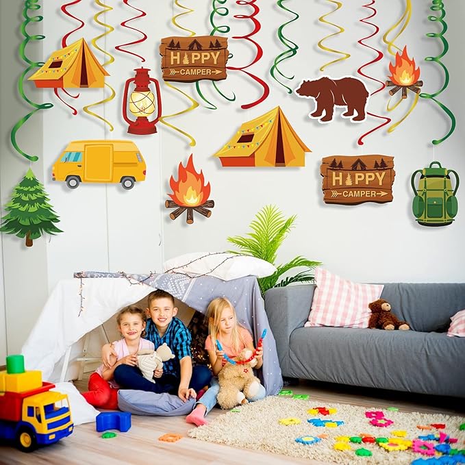 30 Pieces Camping Birthday Party Hanging Decorations, Happer Camper Hanging Swirls Decorations Foil Ceiling Streams Camping Theme Adventure Woodland Wile One Baby Shower Retirement Party Supplies