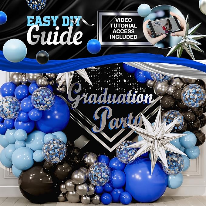 ALL-IN-1 Blue and Black Balloons Arch Kit with BONUS Starbursts – Small & Large Silver Black Blue balloons – Light, Navy, Royal Blues & Blacks Party Decorations for Baby, Graduation, Birthday, Gaming