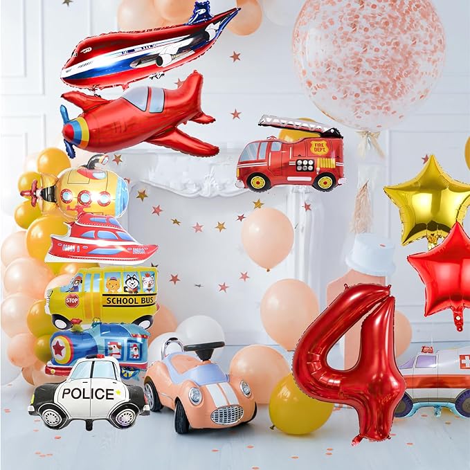 12pcs Transportation Balloons, Truck Plane School Bus Fire Truck Police Car Ship Ambulance Submarine Foil Balloon, Transportation 4th Birthday Vehicles Theme Party Supplies Decorations (4th)