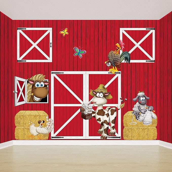 Beistle Red Barn Door Backdrop Props, 4 Pieces - Printed Plastic Animal Farm Party Wall Decorations, Western Birthday