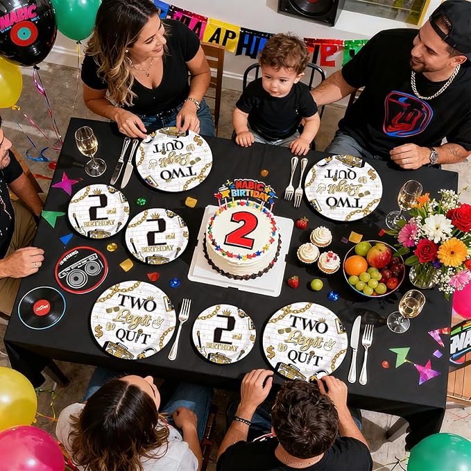 96Pcs Two Legit Quit Birthday Decorations Hip Hop 2nd Birthday Plates and Napkins Gold Black Rapper Theme Decorations for Kids Retro 90s Hiphop Two Years Old Bday Party Supplies Serves 24