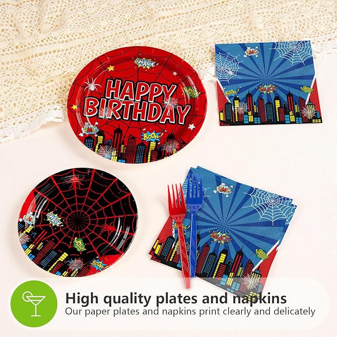 Grencian 96Pcs Cartoon Spider Birthday Party Decorations Red Blue Spider Birthday Plates and Napkins Disposable Hero Paper Tableware Set for Kids Baby Shower Super Theme Party Supplies, Serves 24