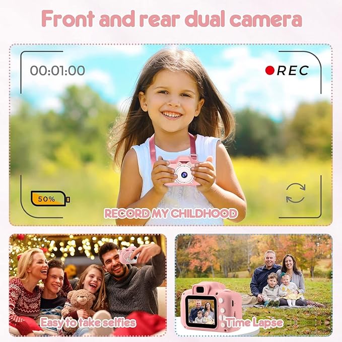 Kids Camera, 2 Lens Selfie Camera for Kids, HD Video Digital Camera for Girls, 3 4 5 6 7 8 9 Year Old Girl Christmas Birthday Gifts,Toddler Camera Toys with 32GB Card Pink
