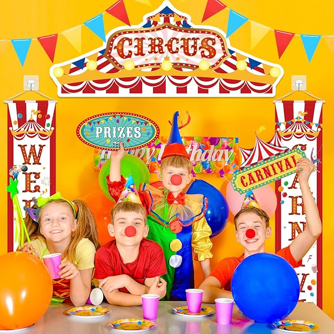 ShinyRelief 15 Pcs Circus Decorations Carnival Striped Awning Porch Banner Carnival Theme Directional Signs Welcome to the Circus for Birthday Party Supplies