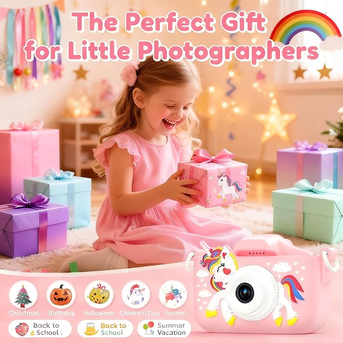Kids Digital Camera Toy for Boys and Girls Aged 3-12, Unicorn 1080P Children's Camera, Christmas Birthday Gift, Toddler Digital Video Camera for Girls with 32GB SD Card/Reader (Pink)
