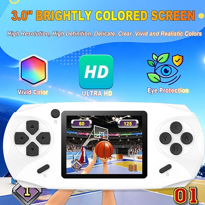 16 Bit Handheld Games for Kids Adults 3.0'' Large Screen Preloaded 220 HD Classic Retro Video Games USB Rechargeable Seniors Electronic Game Player Birthday Xmas Present (White)