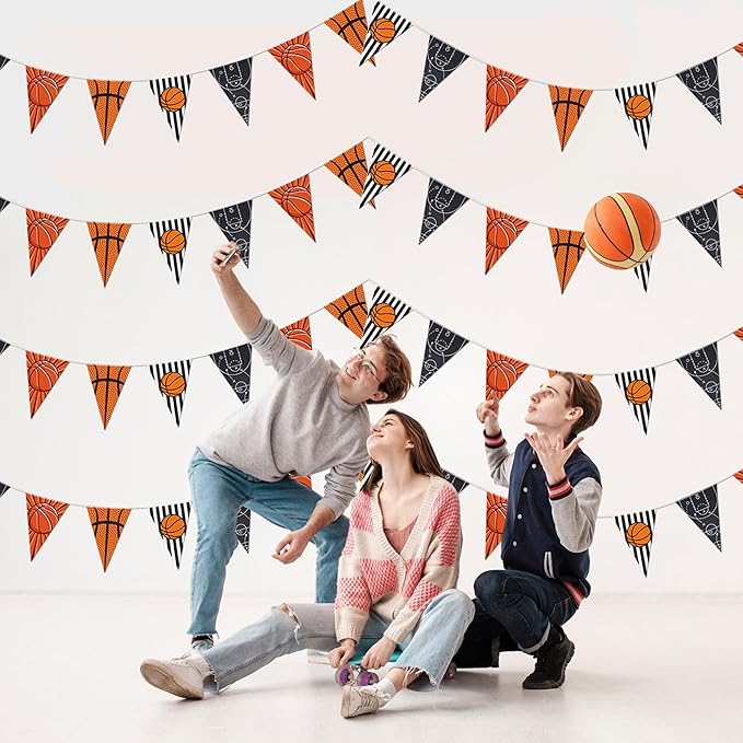 Basketball Party Decorations 4 Pcs Basketball Banner Pennant Basketballs Garland Triangle Flags Sports Party Decorations for Party Supplies Hanging Decoration