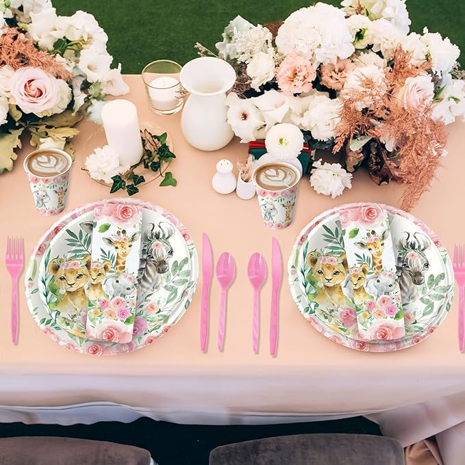 Safari Birthday Decorations Tableware Girl, Jungle Theme Party Supplies, Plate, Cup, Napkin, Tablecloth, Cutlery, Straw, Safari Jungle Animal Birthday Baby Shower Party Decorations | Serve 24