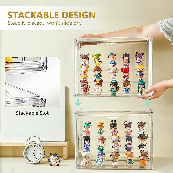 Acrylic Display Case for Collectibles 3 Layer Adjustable Figure Display Cases with Magnetic Door Clear Stackable Display Box for Figures Showcase 2Pack