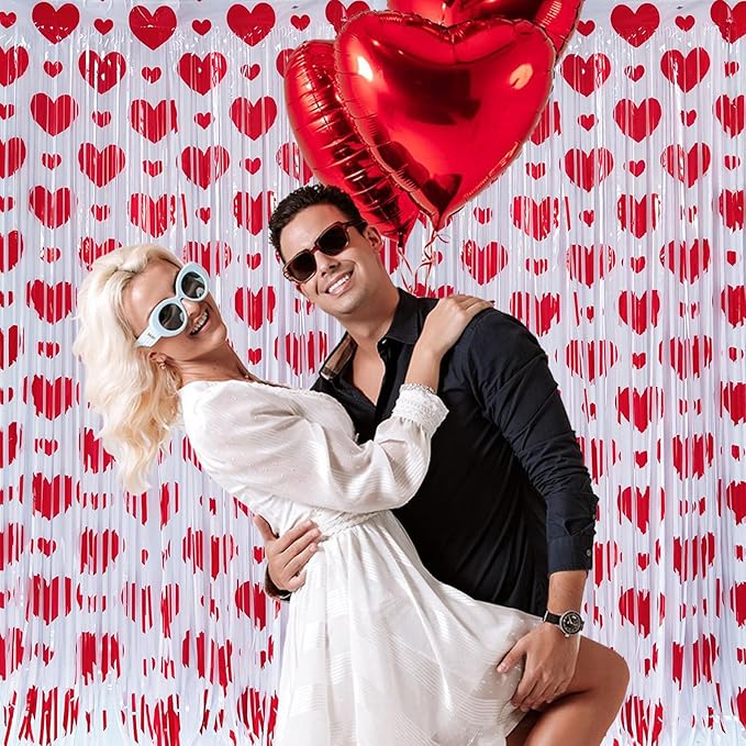 Heart Tinsel Foil Fringe Curtain, Valentines Party Decoration, 2-Pack Red Heart Shape Foil Fringe Curtain Valentines Tassel Streamer Photo Backdrop for Birthday Wedding Engagement Baby Shower