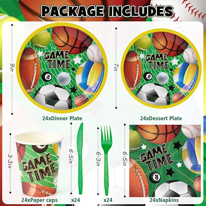 144Pcs Sport Ball Birthday Party Supplies Decorations Ball Themed Paper Plates Napkins Vintage Party Tableware Disposable Dinnerware for Men Boy Birthday Baby Shower Table Decor, Serve 24