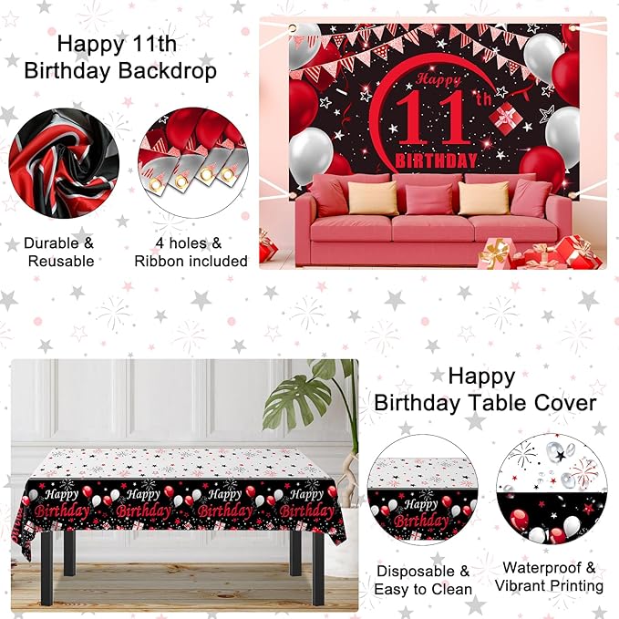 11th Birthday Decorations for Boys Girls Red and Black, Happy 11th Birthday Backdrop Banner, 11 Birthday Party Decoration Tablecloth Balloons Triangle Flag, 11 Year Old Boy Bday Party Supplies