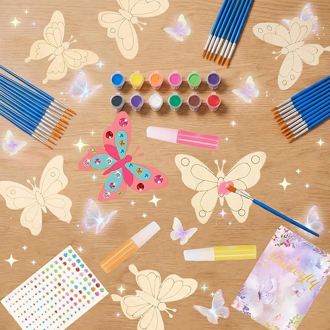 24 Pack Butterfly Party Favors - Non-Toxic Wooden DIY Butterflies Paint Craft - with Magnet Luminous Pen Diamond Sticker - Butterfly Birthday Party Supplies Goodie Bag Gift Prize for Kids Girl Toddler