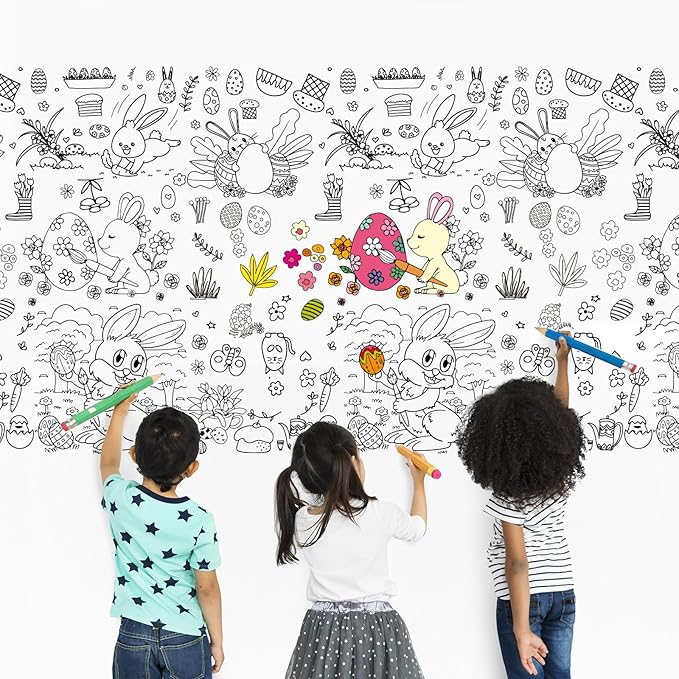 Spring Easter Coloring Tablecloth for Kids: 72x30 Inch Activity Poster Crafts, Classroom Game, Spring and Easter Paper Table Cloth & Cover, Bunny & Egg Tablecloth Banner Party Supplies Decoration