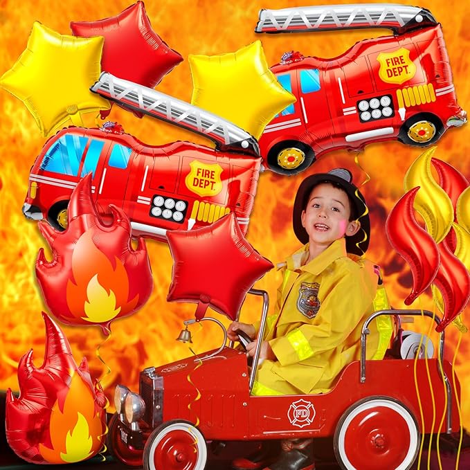 18 Pcs Fire Truck Balloons Set 4 Aluminum Foil Flame Balloon, 2 Fire Truck Firefighter Balloon, 6 Fire Balloons, 6 Star Balloons for Rescue Themed Decoration Firefighter Birthday Party Supplies
