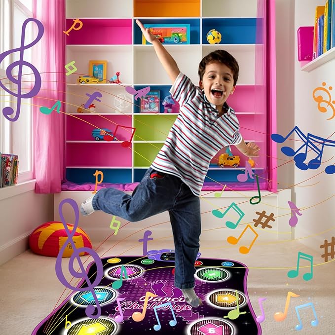Dance Mat for Kids 6 Key Dual Horn LED Dance Pad Digital Multi-Mode Dancing Mat BT-Compatible Volume Adjustable Battery Powered 35x31.5in Electronic Mats, No Battery