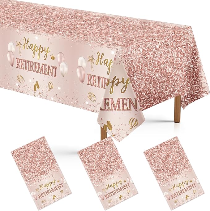 Grencian 3Pcs Rose Gold Retirement Tablecloth Pink Happy Retirement Table Cover Plastic Rectangle Women Happy Retired Table Cloth for Men Women Say Goodbye Going Away Party Supplies 54" x 108"
