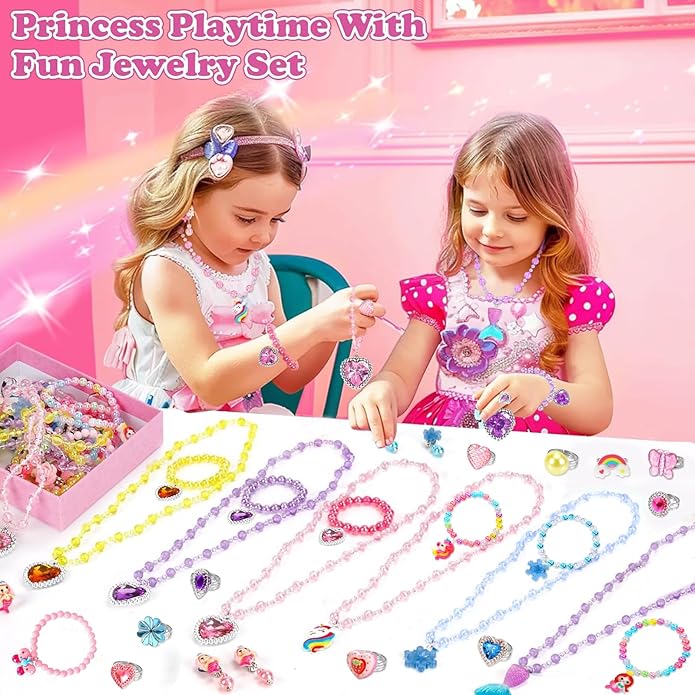 Kids Play Jewelry Sets, Princess Toys for Girls 4-6, 29 Pcs Little Girl Costume Jewelry, Unicorn Necklaces, Bracelets, Rings, Earrings, Dress Up Birthday Easter Gifts for Kids Pretend Play Party Favor