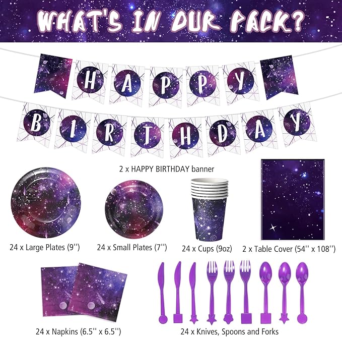 Tiamon 171 Pcs Galaxy Space Party Decoration Tableware Set Space Theme Birthday Decoration Galaxy Tablecloth Paper Plates Napkins, Birthday Banner for 24 Guests Party Supplies (Vivid Style)