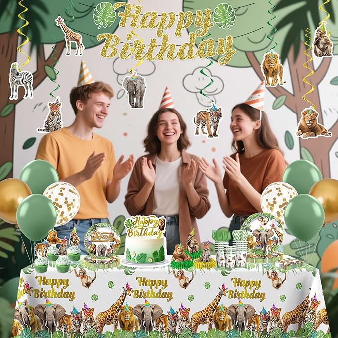201pcs Safari Birthday Decorations Tableware Set, 25 Serves Safari Plates and Napkins for Party with 2pcs Tablecloth, Banner, Balloons for Jungle Birthday Party Decorations