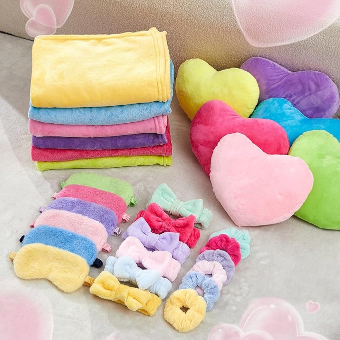 36 Pcs Sleepover Party Supplies for Girl Spa Slumber Birthday Favors Throw Blanket Pillow Eye Mask Headband Scrunchies (Solid Color,Multicolor)
