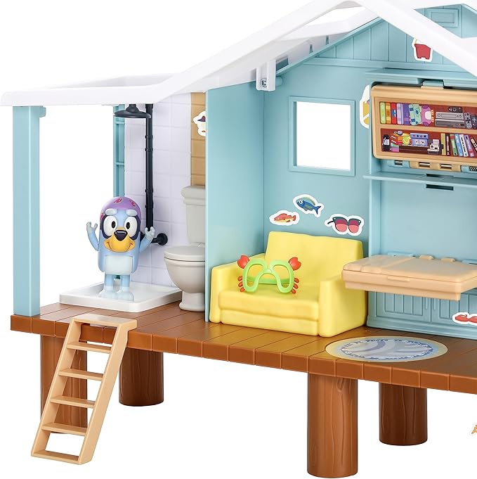 Bluey Beach Cabin Playset, 10”, Customizable Toddler House Playset with 10 Play Pieces and 2.5” Goggles Figure, Toy Houses for Kids Ages 3+