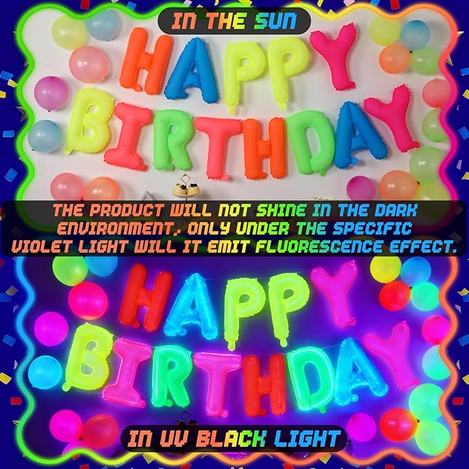 43 Pcs Neon Birthday Party Decorations Glow in The Dark Party Supplies Happy Birthday Neon Decorations Glow in The Dark Balloons Neons Fluorescent Balloons for Birthdays Wedding Decor