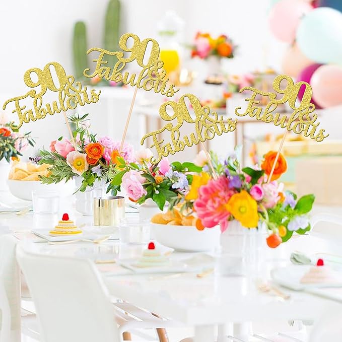 12 PCS 90 and Fabulous Centerpiece Sticks Double Sided Happy 90th Birthday Table Flower Centerpieces Sticks Cheers to 90 Floral Decorations for 90th Birthday Anniversary Party Supplies Gold