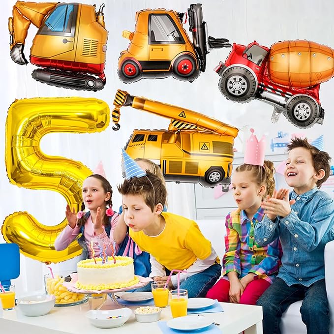 Construction Birthday Party Supplies 5 Year Old, Large Construction Balloons 40Inch Gold Number 5 Balloon Construction Truck Foil Balloons for Boys 5th Construction Birthday Party Decorations