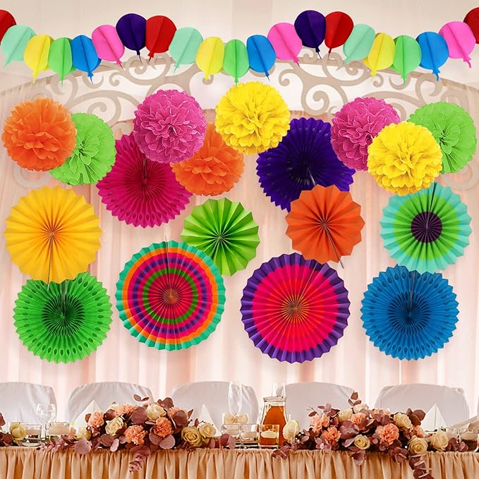 Fiesta Party Decorations, Multicolored Paper Pompoms Fan Garlands for Mexican Party Cinco De Mayo Luau Event Birthday Holi Decorations Colorful Rainbow Party Supplies
