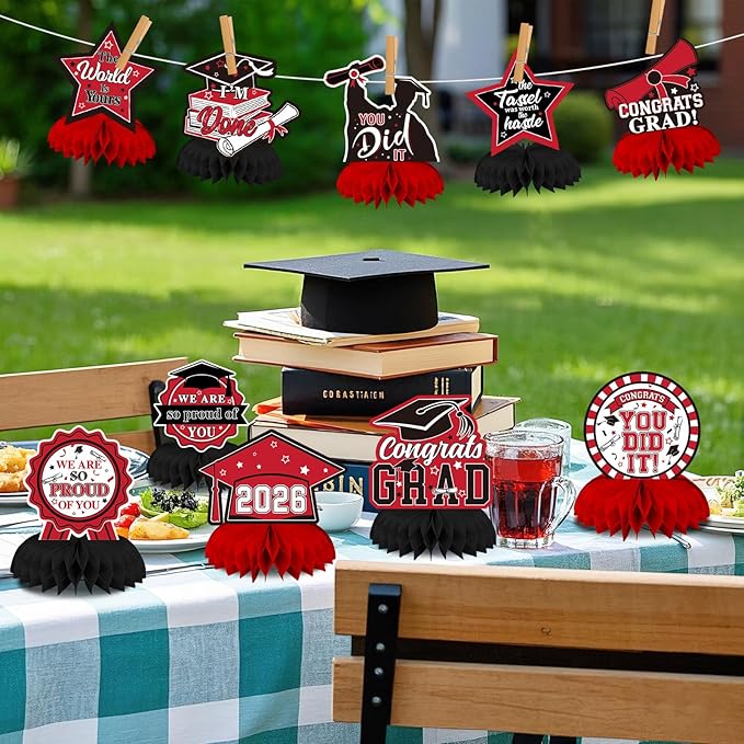 10 PCS Graduation Party Decorations Class of 2026,Congrats Grad Honeycomb Centerpiece Red and Black Congratulate Graduation Table Toppers for Graduation Party Favor Supplies