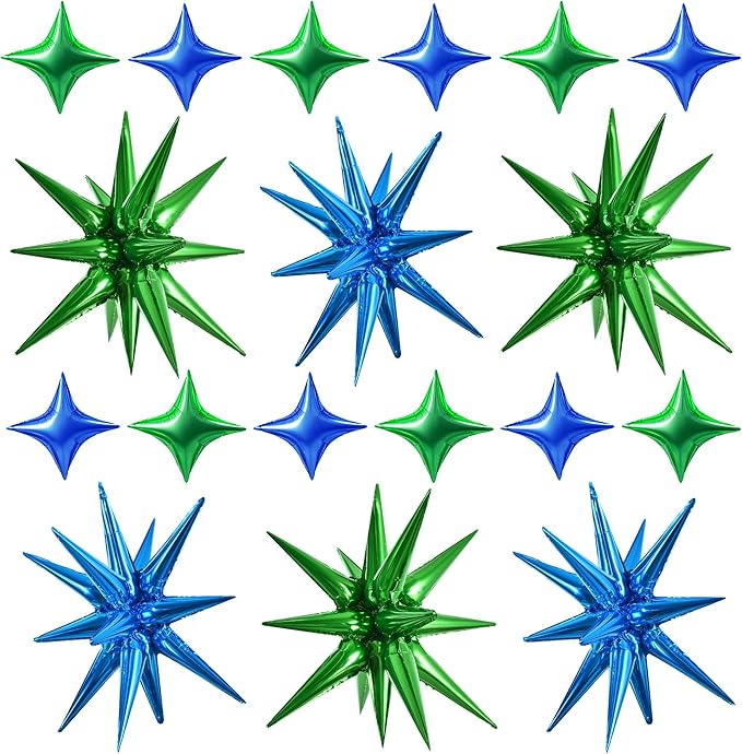 TONIFUL 18Pcs 22Inch Blue Green Large Explosion Star Mylar Balloons and 10Inch Four Pointed Star Balloons Set for Christmas New Year Birthday Wedding Bridal Shower Anniversary Photo Booth Supplies