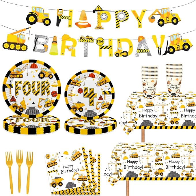 Letromp 80 Pcs Construction 4th Birthday Decorations Construction Four Years Old Disposable Paper Dinner Plates Napkins Forks Dinnerware for Dump Truck Theme Fouth Bday Party Supplies Decorations