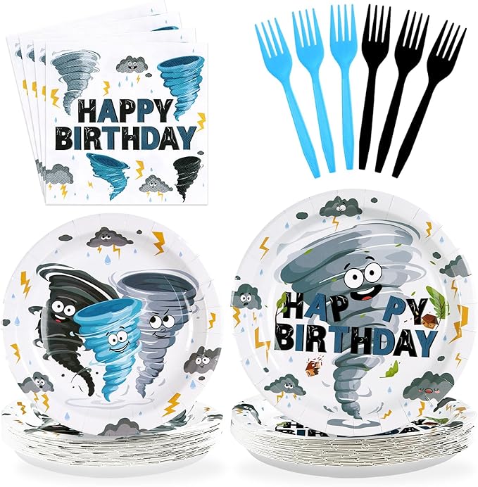 Grencian 96Pcs Tornado Birthday Party Decorations Blue Grey Tornado Birthday Plates and Napkins Disposable Paper Tableware for Boys Girls Kids Baby Shower Party Supplies, Serves 24