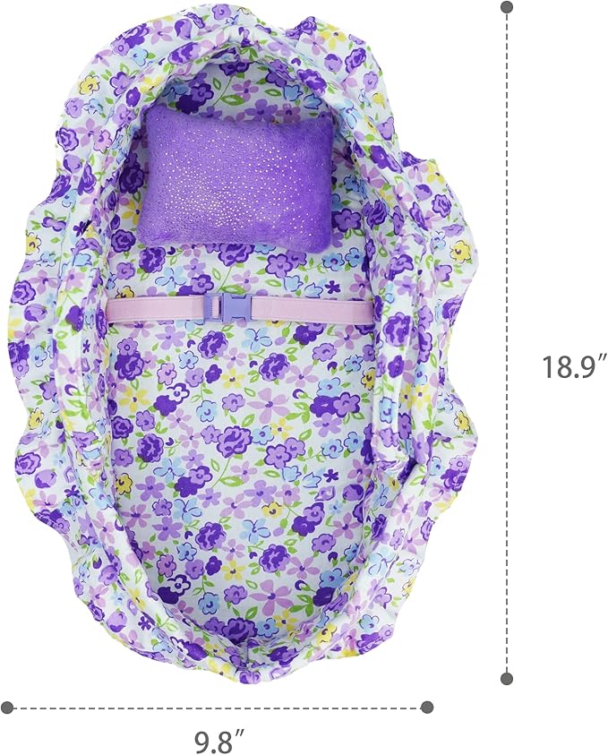June Garden Cozy Dream Doll Bassinet - Baby Doll Portable Carrier - Fits for American Girl Dolls up to 18" - Soft Pillow & Safety Buckle Included - Purple