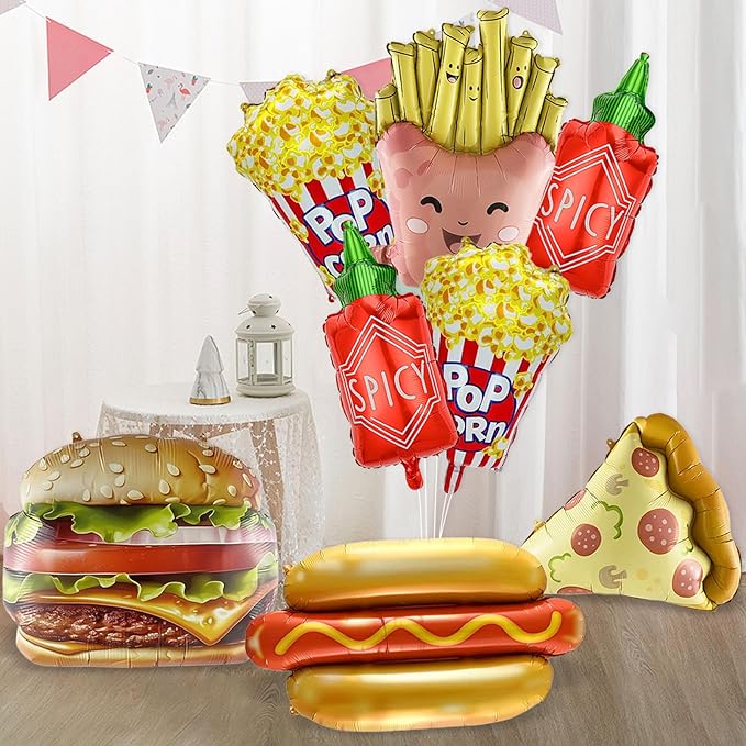 8 Pcs Food Themed Balloons Hot Dog Hamburger French Fries Popcorn Picnic Foil Balloons for BBQ Party Decorations Picnic Cookout Snacks Birthday Party Decorations Supplies