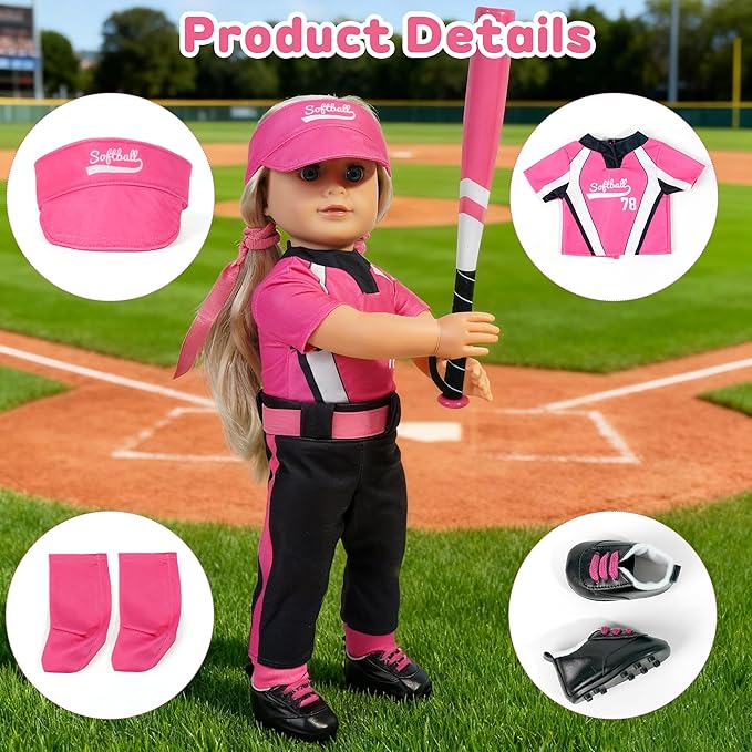 ARTST Softball Uniform Doll Outfit-18 inch Doll Clothes and Accessories Set-Hat Baseball Clothing Bat Shoes Socks, Valentine's Gifts for Girls Spring T-Ball