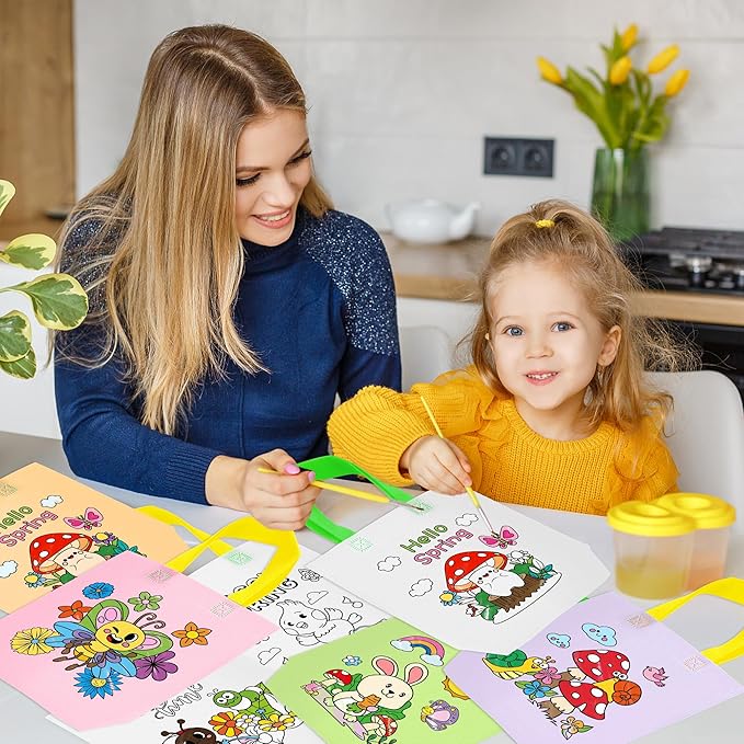 Hello Spring Coloring Goodie Bags for Kids - 24Pcs Welcome Spring Bulk Color Your Own Gift Bags with Handle SpringTime Reusable Coloring Bag Non Woven Tote Bag for DIY Crafts Painting Party Favor Supplies