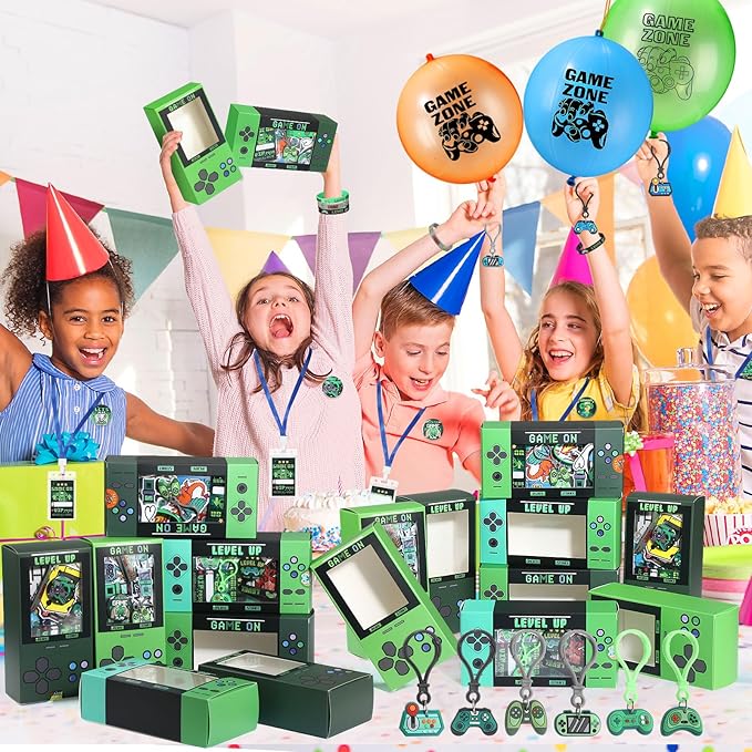 195 Pcs Video Game Party Favors for Kids Gamer Goodie Bag Stuffers Gaming Birthday Party Supplies with Gift Boxes, VIP Pass, Balloons, Bracelets, Keychains, Badges, 3D Stickers (Green)