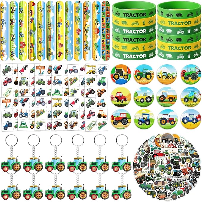110Pcs Tractor Party Favors for Kids - Farm Birthday Party Decorations and Supplies with Slap Bracelets, Tattoos, Stickers, Keychains & Buttons, Tractor Goodie Bag Fillers for Boys