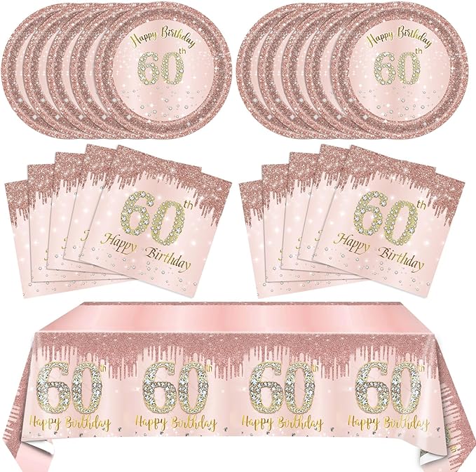 60th Birthday Decorations For Women,Rose Gold 60 Birthday Disposable Paper Plates and Napkins,60th Birthday Tablecloth Tableware Kit For 1966 Party 60 Years Old Birthday Decorations,20 Guests