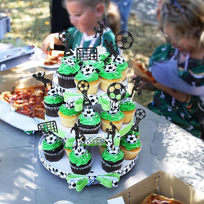 24Pcs Soccer Cupcake Toppers Glitter Soccer Ball Cupcake Picks Sport Cake Decorations Football Theme Birthday Party Baby Shower Kids Boys Men Birthday Party Favors Supplies Black