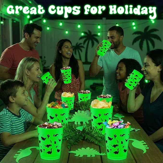 48 Pcs Glow in Dark Dinosaur Cups for Party Favors 12 oz Dinosaur Reusable Plastic Cups Bulk Dino Frosted Tumblers Gifts for Dino Themed Birthday Party Supplies Glow in The Dark Decorations