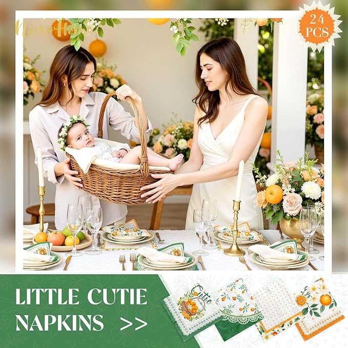 Little Cutie Baby Shower Party Supplies, 24 PCS Little Cutie Napkins Green Orange Fruit Theme Paper Napkins for Citrus Birthday Party Baby Shower Spring Summer Christmas Dinner Decoration