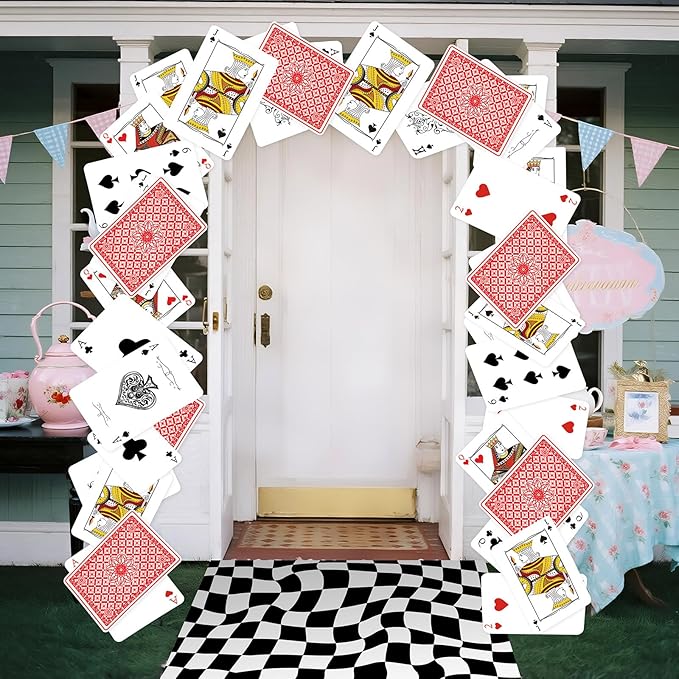 Preboun Wonderland Tea Party Decoration 6.56 x 4.9 ft Classic Poker Cards Door Banner Wonderland Garland Photo Props Background for Birthday Baby Shower Tea Party Supplies