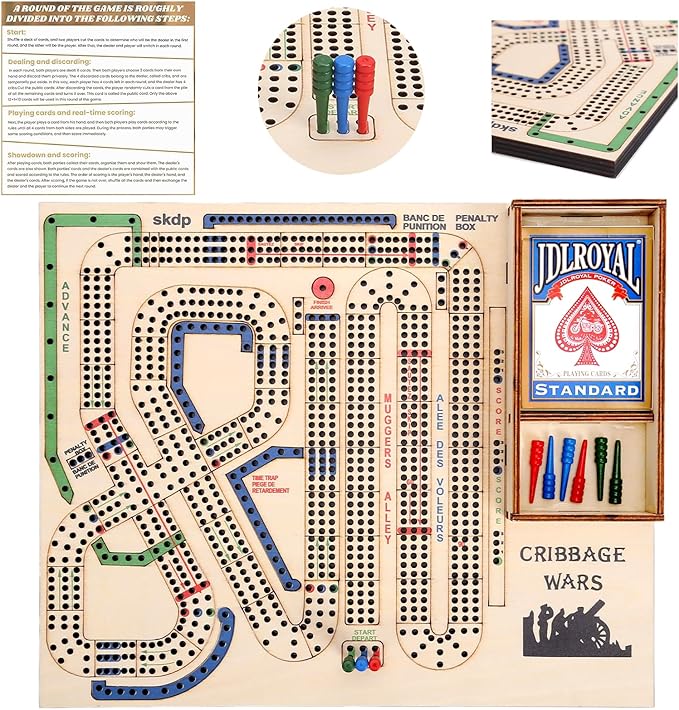 Cribbage Wars Board Game,2025 Wooden Cribbage Board Game Set Traps Games Classic Night Bar Games for Families with Built-in Storage Compartment for Cribbage Pegs