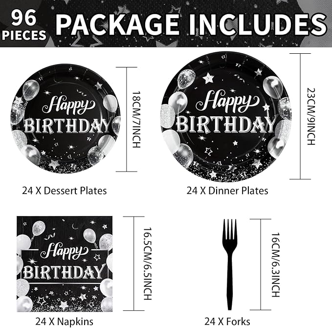 96Pcs Black and Silver Birthday Party Supplies Black and Silver Plates Disposable 350GSM Black White Tableware Set Black Birthday Party Decorations for Men Women Glitter Birthday Party Favor,Serve 24