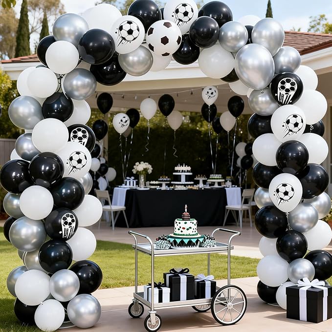 FunHot Soccer Balloons, 50 Pcs Soccer Party Balloon, 12 Inch Black White Silver Football Printed Helium Latex Balloons for Boy Baby Shower Men Birthday Football Sport Themed Game Club Party Decor
