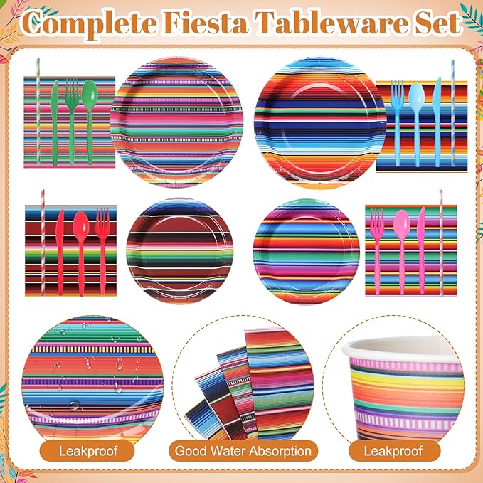 450 Pcs Mexican Serape Fiesta Party Tableware Set Decorations Cinco De Mayo Paper Plates Colorful Stripes Napkins Cups Cutlery Straws for Taco Carnival Birthday Party Supplies, Serves 50