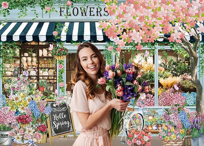Flowers Shop Backdrop for Photography 10x8FT Spring Florals Butterfly Tea Party Background Hello Spring Banner Decorations Supplies Photo Props